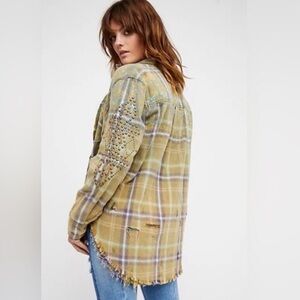 Free People Green and Blue Distressed Flannel Shacket